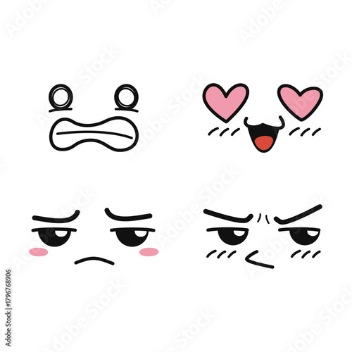 Set of four cute kawaii anime-style cartoon face expressions showing various emotions