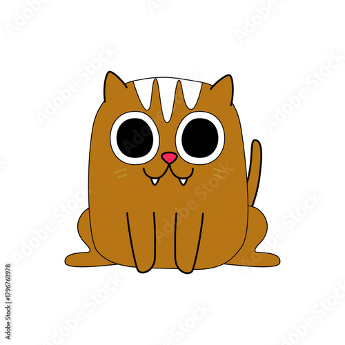 Cute cartoon cat character with big eyes, small fangs, and a white stripe sitting
