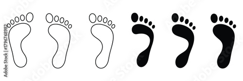 Set of diverse human footprint icons in outline and solid black styles, illustrating walking, steps, movement, journey, and path concepts clearly