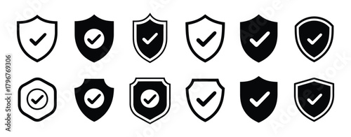 Security checkmark shield icon set featuring diverse designs for digital protection, data privacy, guaranteed safety, and service verification.