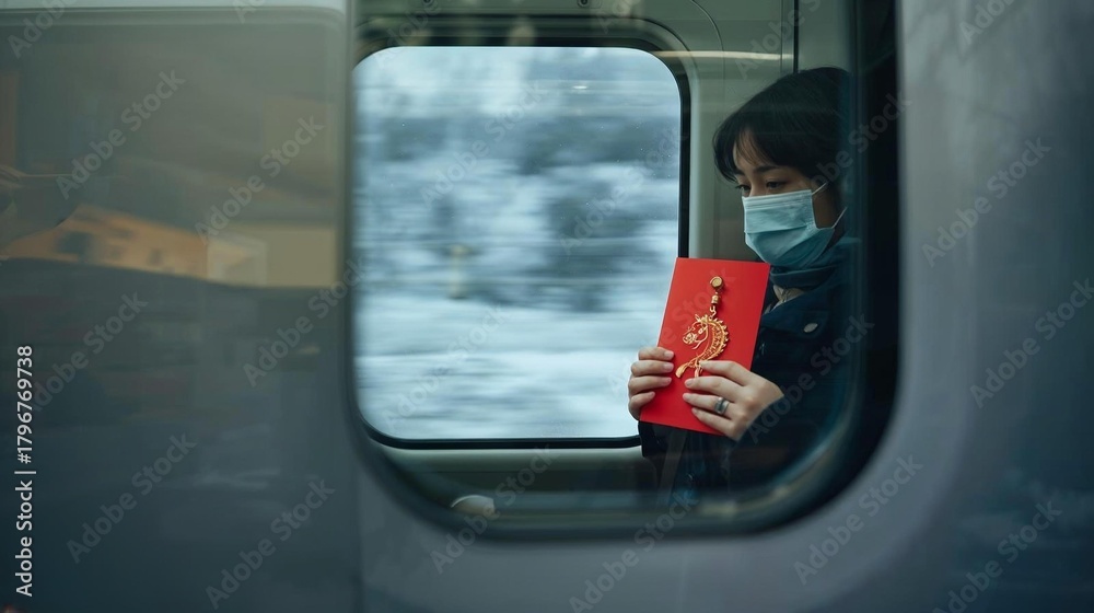 Fototapeta premium Young woman on train holding a red envelope by the window. Travel during Lunar New Year, calm moment, motion outside.