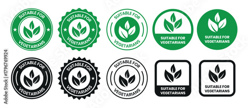 Suitable for Vegetarians stamp sticker with Leaves icon vector illustration. Suitable for Vegetarians sign, logo, badge, icon, sticker, label, emblem, stamp, symbol, black, line, flat vector.