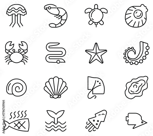 Set of Sea food related vector icons. Contains such as shrimp, crab, fish, sea shell, squid, star fish and more. Outline icons simple vector collection. Fishery industry visuals. Vector illustration.