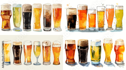 Watercolor beer glasses collection with lager, ale, stout, porter, IPA, and pilsner in assorted glassware with frothy heads. Ideal for bar menus, brewery branding, and posters.
