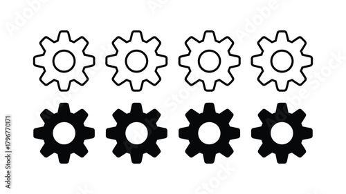 Gear icon set featuring a collection of eight symbols, including outlined and solid black variations, representing settings and mechanisms.