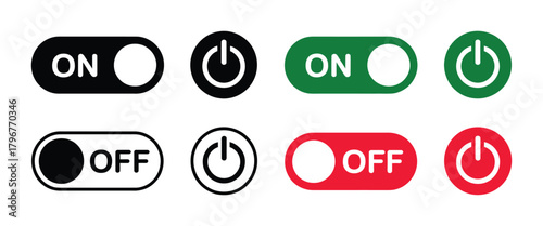 Collection of modern ui toggle switch and power button icons in various styles and colors, representing activation, deactivation, and control functionality