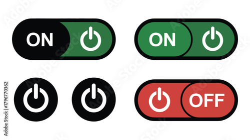 Modern collection of power on/off toggle switches and round buttons, essential user interface elements for web, mobile apps, and digital control panels in vector format