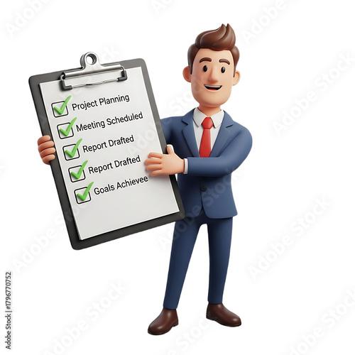 A 3d cartoon businessman in a suit holding a clipboard with a checklist, showing project planning, meeting scheduled, report drafted, and goals achieved