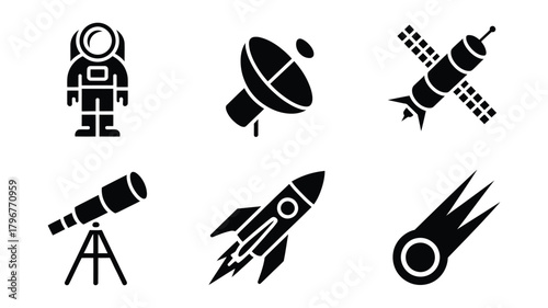 Space exploration and astronomy vector glyph icons set. featuring astronaut, satellite, telescope, rocket, radar dish, and comet design elements