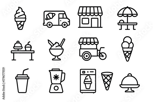 Outline icons of ice cream, desserts, and food trucks for summer fun