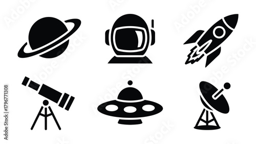 A collection of black silhouette icons depicting various elements of space exploration, astronomy, and science fiction themes, perfect for digital design projects.