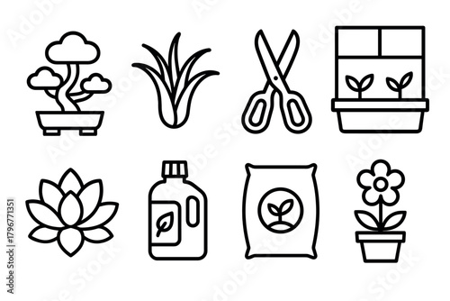 Minimalist gardening icons tools, plants, and accessories in linear style