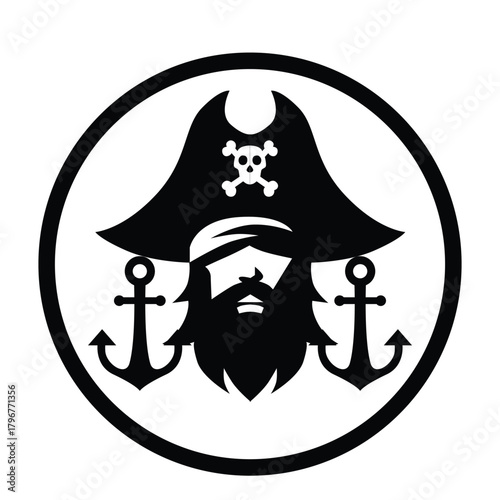 Pirate Skull Emblem with Crossed Cutlasses and Captain Hat