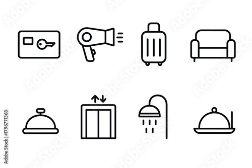 Essential hotel room icons featuring linear designs for travel and accommodation