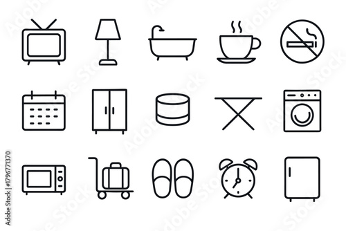 Minimalist household icon set featuring everyday essentials in linear style