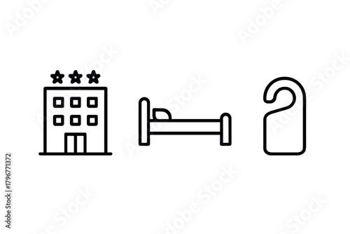 Minimalist hotel icons building, bed, do not disturb sign in line art style