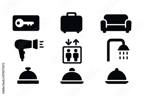Hotel amenities icons set key, luggage, elevator, and more in black silhouette style