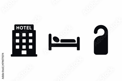 Modern hotel icons accommodation, bed, do not disturb sign in minimalist style