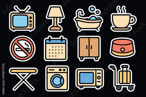 Colorful sticker style home items tv, lamp, bathtub, and more