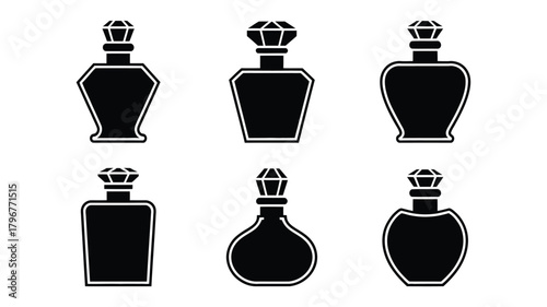 Set of black silhouette perfume bottles with elegant diamond-shaped stoppers, displaying diverse classic and contemporary designs, isolated.