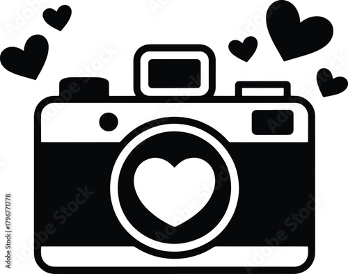 Black and white clipart illustration of a camera with hearts love photography