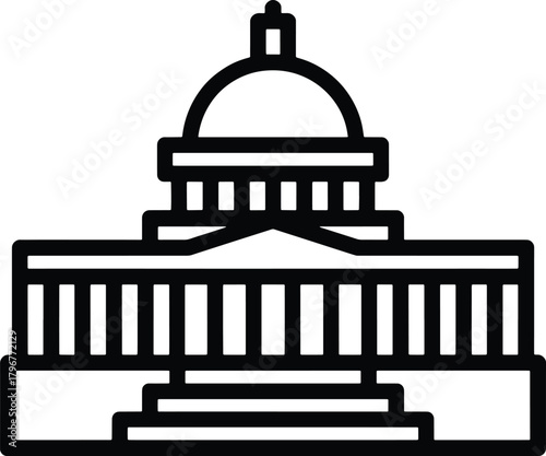 Black and white clipart illustration of a domed government building with columns capitol