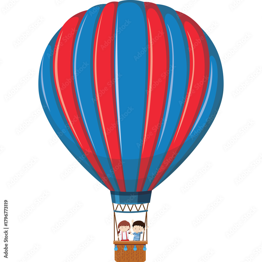 Fototapeta premium Pixel Art Hot Air Balloon With Two Passengers Red Blue Stripes White Background Isolated