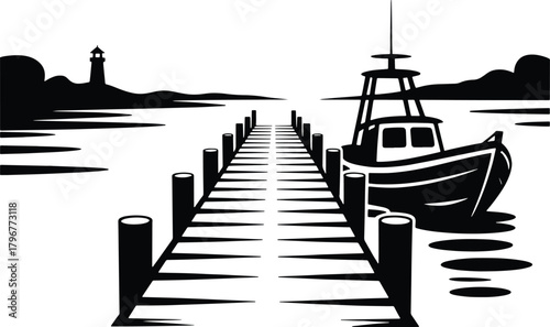 Black and white illustration of a fishing boat docked at a pier with a lighthouse in the distance clipart