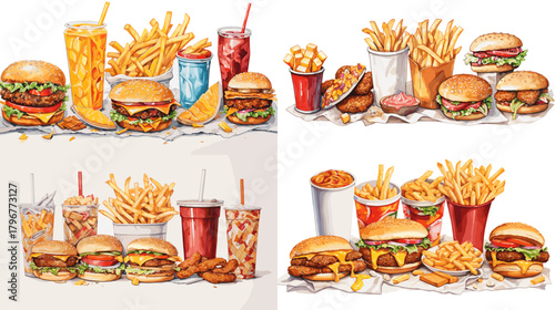 Watercolor fast food set with burgers, fries, soda, and chicken nuggets. Hand-painted combo meals ideal for menu design, packaging, and takeaway branding.