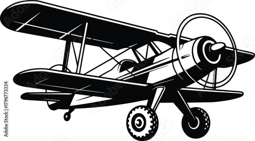 Black and white illustration of a vintage biplane with propeller and wheels airplane aircraft