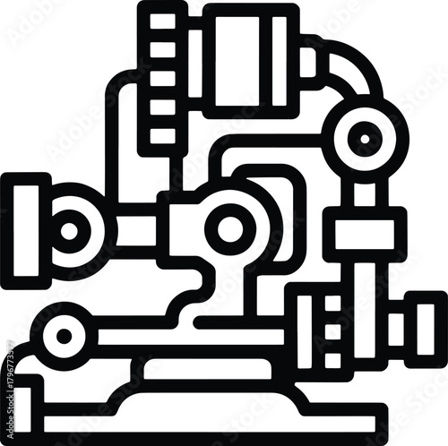 Black and white line art illustration of a complex mechanical device machine
