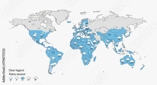 Vector world map with highlighted rainy season regions, rain cloud icons, storm symbols