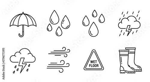 Vector set of rainy weather icons including umbrella, raindrops, storm cloud, lightning, wind, wet floor sign, and boots