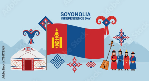 Celebrate Soyonolia Independence Day with vibrant Mongolian cultural symbols and traditional attire, a joyous tribute to national pride and heritage in a colorful artistic style
