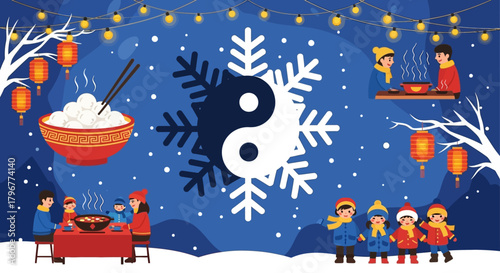 Celebrate the Winter Solstice with Loved Ones enjoying a Delicious Hot Pot Meal under Festive Lanterns and a Decorative Snowflake Yin Yang Symbol, a Time for Family Reunion and Warmth