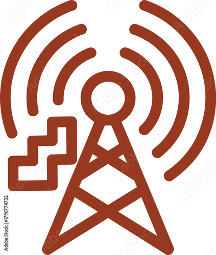 Brown radio tower with signal waves and stairs icon communication technology