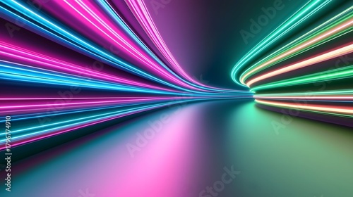 Fototapeta Naklejka Na Ścianę i Meble -  This image features a tunnel-like structure defined by glowing, parallel lines of neon colors, primarily turquoise, pink, and green, creating a sense of depth and movement.