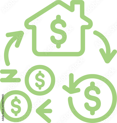 Green house and dollar coins with circular arrows indicating financial flow home money