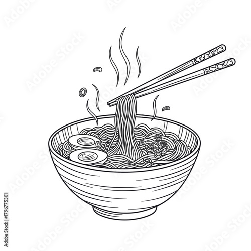 Hot noodle bowl with chopsticks and steam, symbolizing Asian cuisine, comfort food, and cultural dining. Vector illustration, isolated on a transparent background