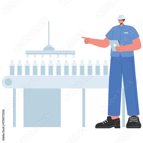 Factory Illustration. Vector illustration of Operator monitors a beverage bottling conveyor using a digital tablet on a clean production line. Isolated on background