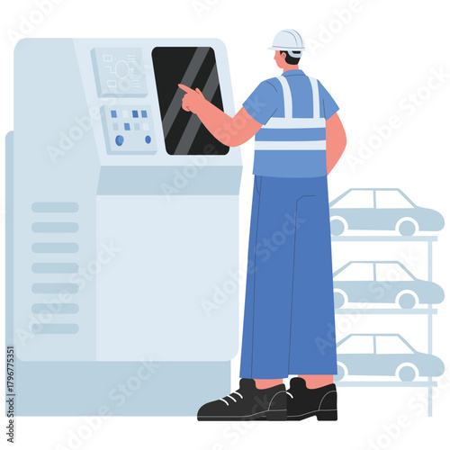 Factory Illustration. Vector illustration of Factory operator programs a CNC machine on an automotive production floor. Isolated on background