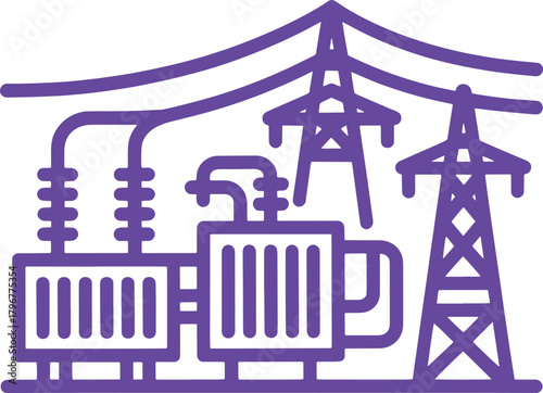 Purple electric power lines and transformer substation icon electricity energy