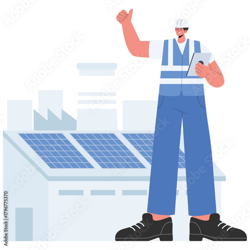 Factory Illustration. Vector illustration of Engineer approves solar panel installation on a factory roof for clean renewable energy. Isolated on background