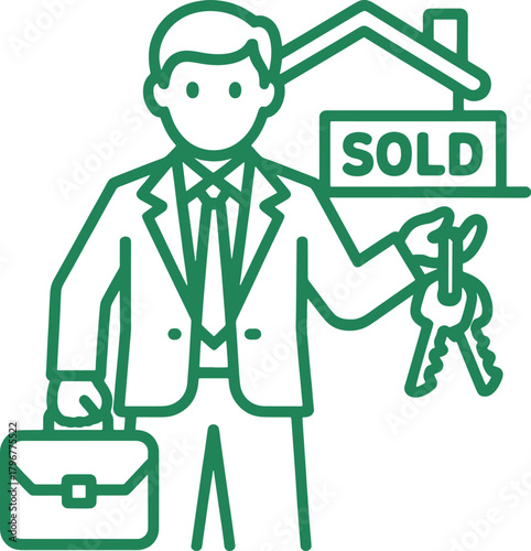Green line art man in suit holding keys briefcase with sold house real estate agent