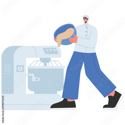 Factory Illustration. Vector illustration of Baker pours batter into an industrial mixer during food production. Isolated on background