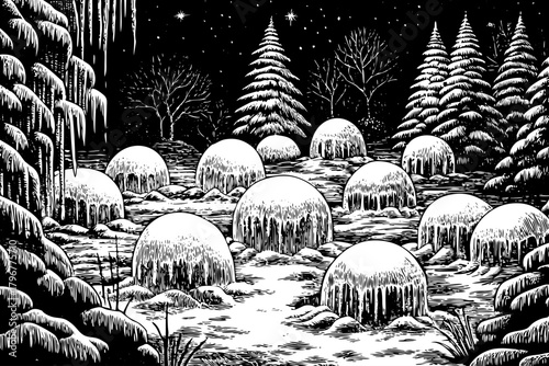 magical icy forest filled with glowing floating orbs that light up frozen trees, creating an ethereal atmosphere like a winter fairy dreamland