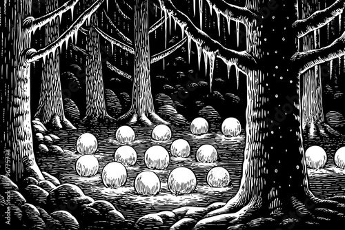 magical icy forest filled with glowing floating orbs that light up frozen trees, creating an ethereal atmosphere like a winter fairy dreamland