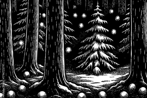 magical icy forest filled with glowing floating orbs that light up frozen trees, creating an ethereal atmosphere like a winter fairy dreamland