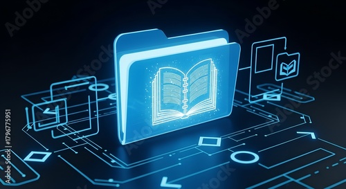 Digital folder with glowing book icon and abstract interface elements, symbolizing e-learning, documentation, and cloud access