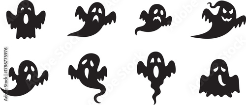 Halloween ghost set. Spooky Halloween ghost. Fly phantom spirit with scary face.